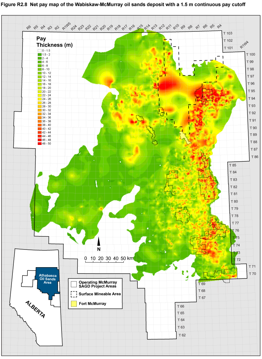 Net pay map of the Wabiskaw McMurray oil sands deposit with a 1.5 m continuous pay cutoff