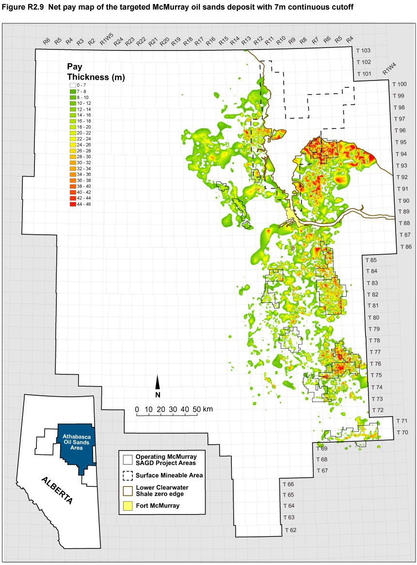 Net pay map of the targeted McMurray oil sands deposit with 7m continuous cutoff