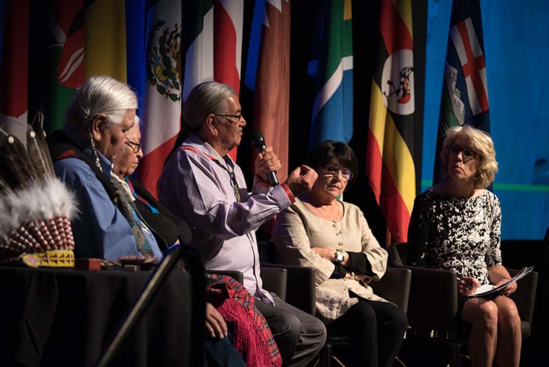 Indigenous engagement panelists Dr. Reg Crow Shoe, Elders Rose Crow Shoe, Patrick Daigneault, Doreen Healy, & Jennifer Wells, VP, Alberta engagement with the AER