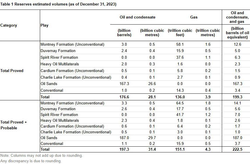 Table showing petroleum reserves for 2025
