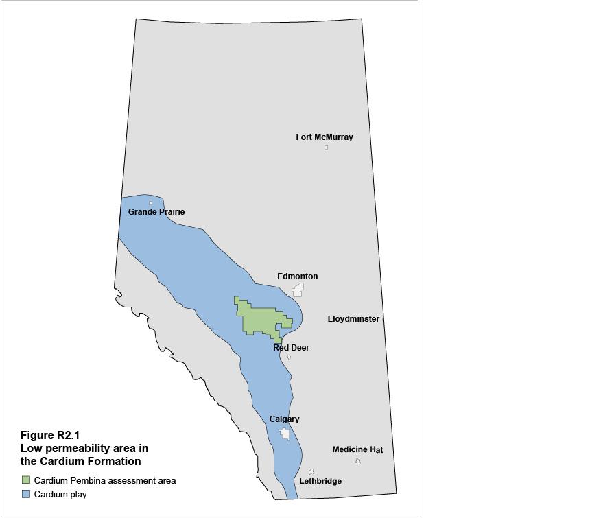 Extent of the Cardium Formation in Alberta and the location of the West Pembina assessment area.