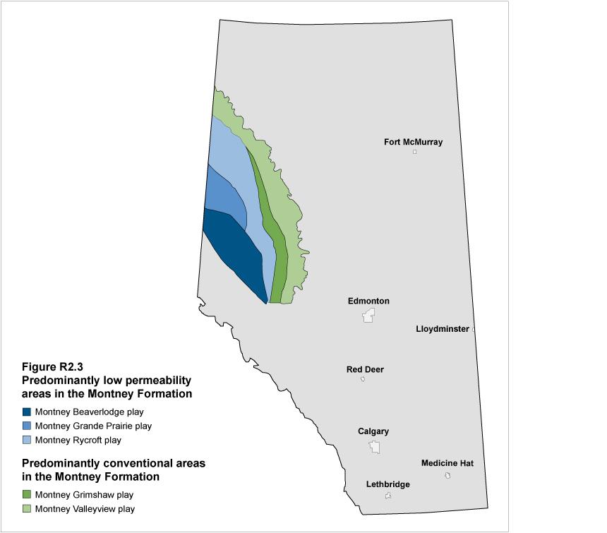 The extent of the Montney Formation in Alberta and the division of the formation into five geological plays