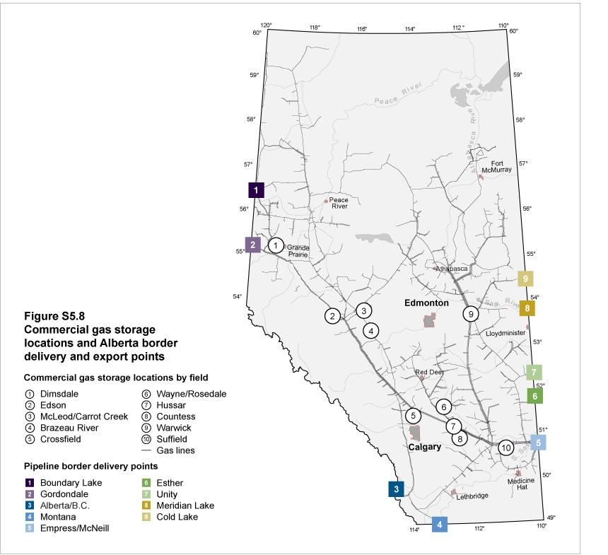 Locations of all existing commercial gas storage facilities and the border delivery and export points for gas removals in Alberta